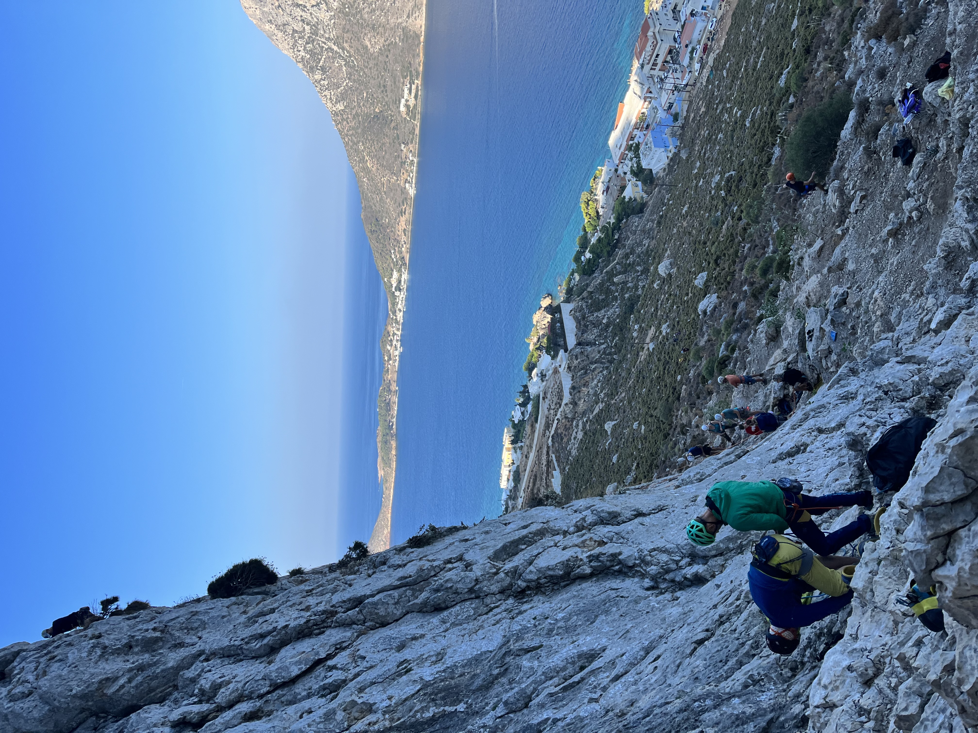 Climbing limestone walls on Kalymnos, Greece.