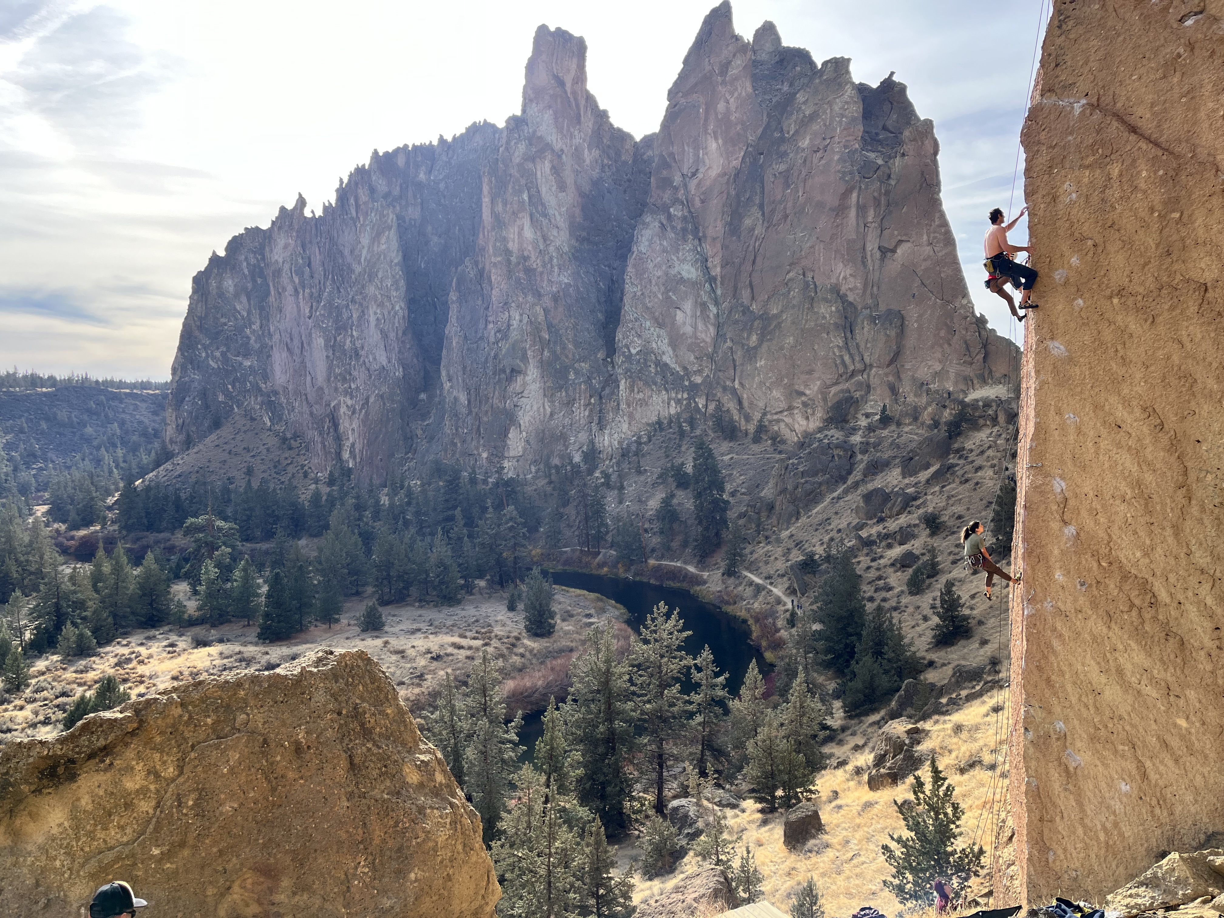 Climbers working the Dihedrals on Latest Rage (5.12b), Watts Tots (5.12b)